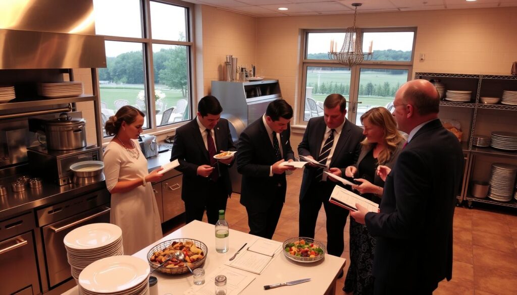 A commercial kitchen interior with stainless steel appliances, countertops, and shelving. In the foreground, a group of people in formal attire are gathered around a table, evaluating menus, tasting samples, and discussing catering options. Soft, warm lighting illuminates the scene, creating a professional yet welcoming atmosphere. In the background, a large window overlooks a picturesque outdoor wedding venue, hinting at the event the caterers are being considered for. The overall mood is one of careful deliberation and decision-making, as the group assesses the capabilities and offerings of the potential catering service.