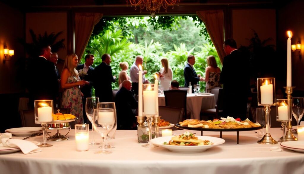 A cozy, elegantly set table in a warm, inviting Jacksonville rehearsal dinner setting. The table is adorned with fine linens, delicate china, and flickering candlelight, creating a sophisticated ambiance. In the foreground, artfully arranged platters of gourmet catered dishes, showcasing the culinary expertise of the local catering team. The middle ground features guests mingling and enjoying conversation, their faces lit by the soft, golden glow of the candlelight. In the background, a lush, verdant scene of foliage and natural elements, adding a touch of tranquility to the scene. The overall mood is one of refined elegance, perfectly capturing the significance and importance of the rehearsal dinner experience.