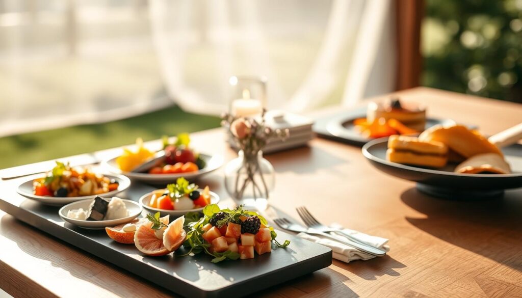 A modern and minimalist presentation of custom menu options for a high-end catering service. The foreground features a selection of savory and sweet dishes arranged artfully on a sleek, wooden table, with a focus on fresh, seasonal ingredients. The middle ground showcases various catering-related elements such as cutlery, napkins, and a small vase of flowers, all in a neutral color palette. The background is a blurred, airy scene, perhaps a elegant, sun-dappled outdoor setting, creating a sense of tranquility and sophistication. Soft, warm lighting casts a gentle glow over the scene, highlighting the textures and colors of the food and tableware. The overall composition conveys a sense of refined, personalized catering options that would be suitable for an upscale outdoor wedding.