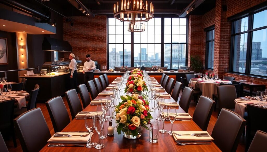 A sophisticated event venue, with a stylish dining area set for a rehearsal dinner. The foreground features a long wooden table adorned with elegant place settings, fresh floral centerpieces, and fine glassware. In the middle ground, caterers dressed in crisp uniforms expertly prepare and serve an array of delectable dishes. The background showcases the venue's sophisticated decor, including warm lighting, exposed brick walls, and large windows offering a picturesque view of the Jacksonville cityscape. The overall atmosphere exudes a sense of refinement, attention to detail, and the promise of a memorable dining experience.