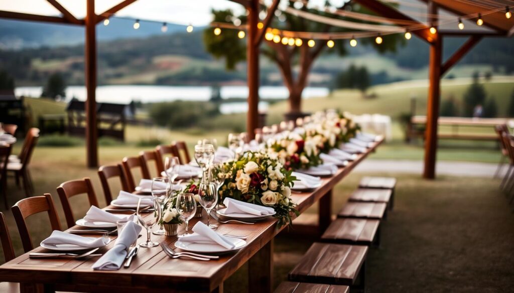 A sophisticated outdoor wedding reception with a beautifully decorated dining area. A long, wooden table is set with elegant dinnerware, linen napkins, and lush floral centerpieces. In the background, a picturesque natural landscape with rolling hills and a tranquil lake. Warm, soft lighting illuminates the scene, creating a cozy and inviting atmosphere. The focus is on the carefully curated catering presentation, showcasing the importance of selecting the right caterer to elevate the overall event experience.