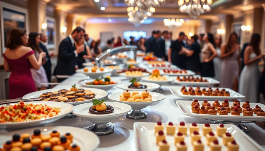 Catering conclusion: A meticulously arranged buffet table under warm, soft lighting, featuring an elegant array of gourmet dishes. In the foreground, a display of decadent desserts and petit fours beckons, while in the middle ground, servers in crisp uniforms attend to the guests. The background is a blurred scene of joyful celebration, with guests mingling and enjoying the culinary delights. The overall atmosphere exudes a sense of refinement, satisfaction, and the culmination of a successful catering experience.