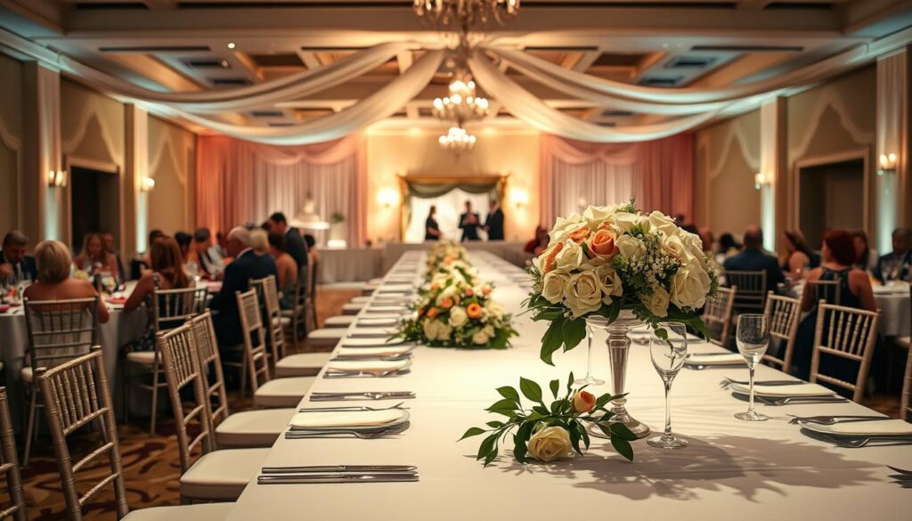 A beautifully lit wedding reception hall with an elegant, long banquet table prominently featured in the foreground. The table is adorned with an exquisite floral centerpiece, fine china, and sparkling glassware, conveying the importance of thoughtful catering and presentation. In the middle ground, guests are seated, engaged in lively conversation, savoring delectable dishes. The background showcases the venue's warm, inviting ambiance with soft lighting, draped fabric, and romantic decor, emphasizing the integral role catering plays in creating a memorable Jacksonville wedding experience. Captured with a wide-angle lens to highlight the grand scale and significance of the catering setup.