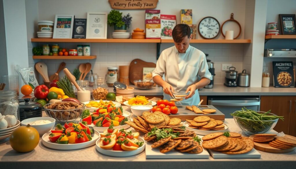 A bustling kitchen counter, filled with an array of allergy-friendly ingredients - fresh produce, gluten-free flours, nut-free spreads, and dairy-free alternatives. In the foreground, a chef in a crisp white apron skillfully prepares a diverse spread of appetizers, from colorful veggie skewers to savory gluten-free crackers. Soft, even lighting illuminates the scene, casting a warm, welcoming glow. In the background, shelves stocked with allergy-friendly cookbooks and certifications hint at the care and expertise behind this allergy-conscious culinary endeavor. The overall atmosphere exudes a sense of inclusivity, catering to diverse dietary needs with creativity and culinary excellence. A bustling kitchen counter, filled with an array of allergy-friendly ingredients - fresh produce, gluten-free flours, nut-free spreads, and dairy-free alternatives. In the foreground, a chef in a crisp white apron skillfully prepares a diverse spread of appetizers, from colorful veggie skewers to savory gluten-free crackers. Soft, even lighting illuminates the scene, casting a warm, welcoming glow. In the background, shelves stocked with allergy-friendly cookbooks and certifications hint at the care and expertise behind this allergy-conscious culinary endeavor. The overall atmosphere exudes a sense of inclusivity, catering to diverse dietary needs with creativity and culinary excellence.