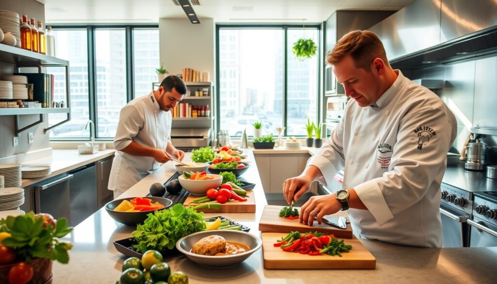 Caterers Jacksonville: A Visual Feast Foreground: Two professional chefs in crisp white uniforms, one carefully plating a dish, the other arranging vibrant fresh ingredients on a cutting board. Countertops filled with an array of gourmet culinary tools and local produce. Middle: A modern, well-equipped commercial kitchen with stainless steel appliances and gleaming surfaces. Shelves stocked with specialty ingredients and cookbooks. Background: Large windows overlooking the bustling streets of downtown Jacksonville, sunlight streaming in and highlighting the culinary creations. Mood: Focused professionalism, creativity, and a commitment to high-quality, allergy-friendly catering. A sense of the culinary expertise and attention to detail that define the best caterers in Jacksonville. Caterers Jacksonville: A Visual Feast Foreground: Two professional chefs in crisp white uniforms, one carefully plating a dish, the other arranging vibrant fresh ingredients on a cutting board. Countertops filled with an array of gourmet culinary tools and local produce. Middle: A modern, well-equipped commercial kitchen with stainless steel appliances and gleaming surfaces. Shelves stocked with specialty ingredients and cookbooks. Background: Large windows overlooking the bustling streets of downtown Jacksonville, sunlight streaming in and highlighting the culinary creations. Mood: Focused professionalism, creativity, and a commitment to high-quality, allergy-friendly catering. A sense of the culinary expertise and attention to detail that define the best caterers in Jacksonville.