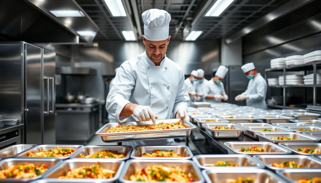 Detailed image of allergy-friendly catering steps in a professional kitchen setting. A well-lit, spacious commercial kitchen, with stainless steel appliances and surfaces. In the foreground, a chef in a white uniform and hat carefully prepares a tray of allergy-friendly dishes, using specialized equipment and handling procedures. In the middle ground, other chefs follow allergy-safe protocols, labeling ingredients and sanitizing work areas. In the background, a team packs the allergy-friendly meals into individual containers, ready for catering delivery. The scene conveys a sense of precision, cleanliness, and attention to detail in providing safe, high-quality allergy-friendly catering. Detailed image of allergy-friendly catering steps in a professional kitchen setting. A well-lit, spacious commercial kitchen, with stainless steel appliances and surfaces. In the foreground, a chef in a white uniform and hat carefully prepares a tray of allergy-friendly dishes, using specialized equipment and handling procedures. In the middle ground, other chefs follow allergy-safe protocols, labeling ingredients and sanitizing work areas. In the background, a team packs the allergy-friendly meals into individual containers, ready for catering delivery. The scene conveys a sense of precision, cleanliness, and attention to detail in providing safe, high-quality allergy-friendly catering.