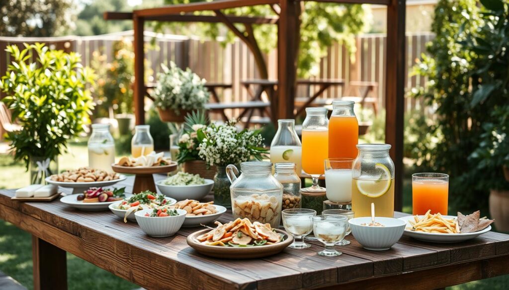 a rustic wooden table with an assortment of casual catering options, including platters of assorted finger foods, bowls of fresh salads, and pitchers of iced drinks, all set against a backdrop of a sun-dappled outdoor garden with lush greenery and hints of string lights, creating a warm, relaxed atmosphere perfect for a chic and laidback wedding celebration