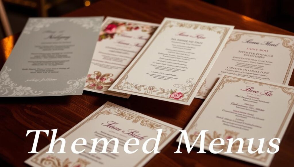 high-quality, beautifully designed themed wedding menus in a variety of elegant styles, with delicate floral patterns, intricate calligraphy, and a sophisticated color palette that evokes the ambiance of an upscale Jacksonville wedding reception. The menus are displayed on a wooden table, with soft, warm lighting creating a cozy, intimate atmosphere. The overall composition is visually striking, with attention to detail and a sense of refinement that perfectly suits the "Themed Menus" section of the article.